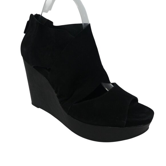 Eileen Fisher Black Leather Open Toe Platform Wedge Sandals Womens 9 - Picture 1 of 13
